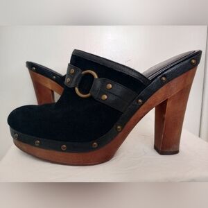 Ralph Lauren Black Suede Mules with Brown Heels